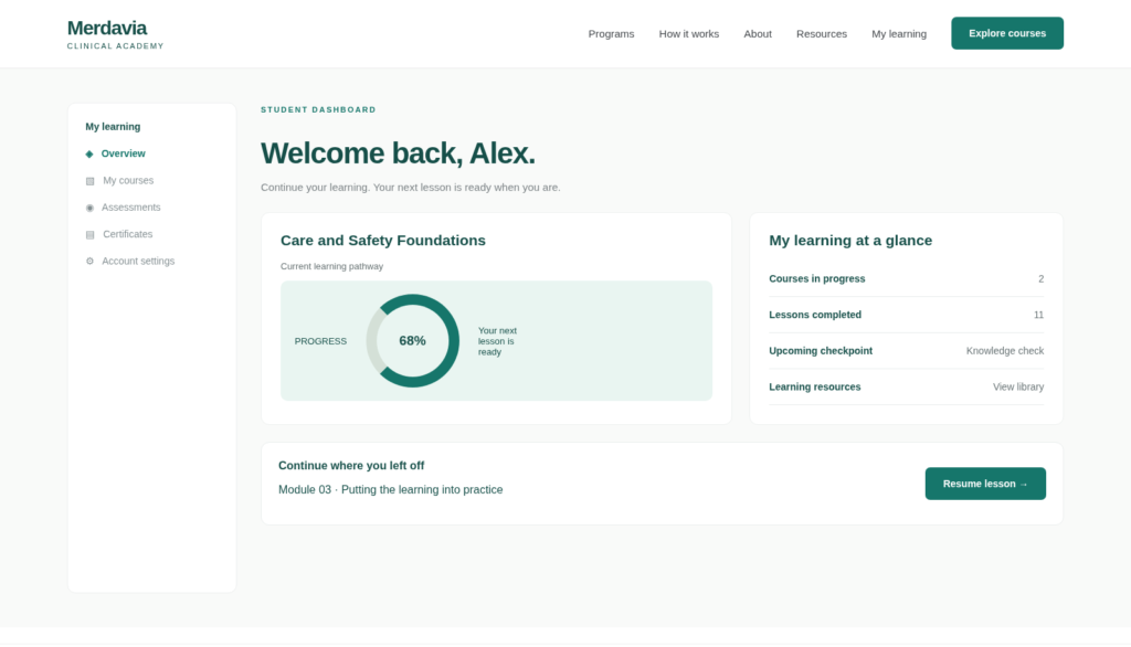 Merdavia LearnDash student dashboard