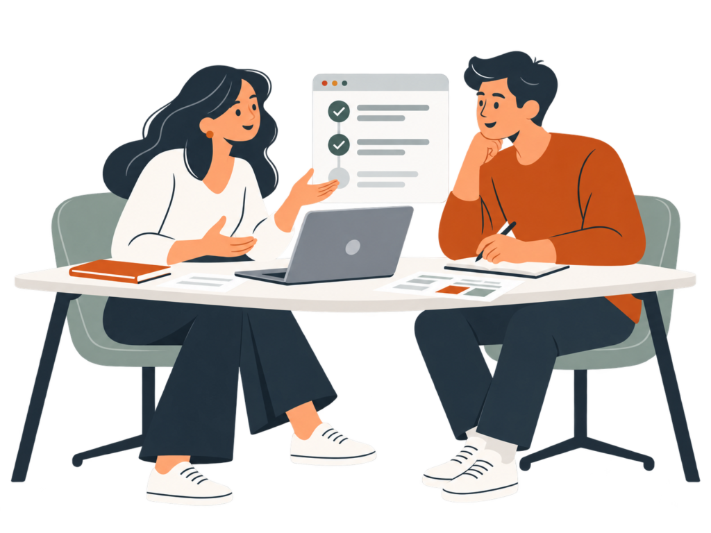Website project consultation with a client and developer reviewing a project checklist.
