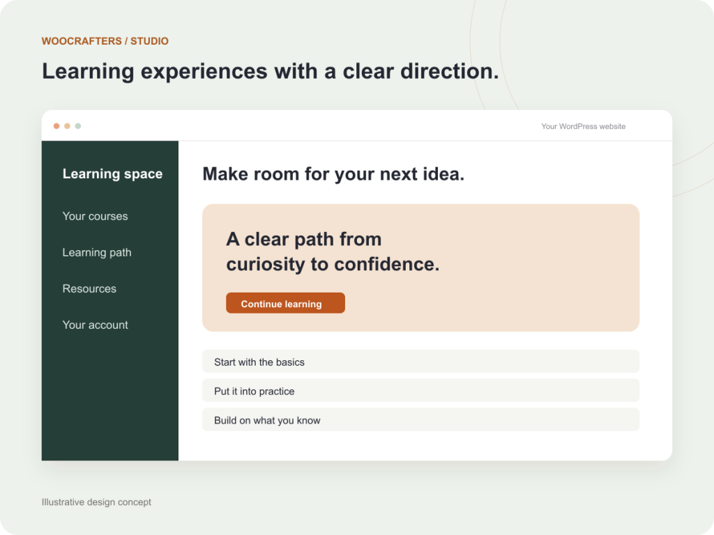Illustrative WooCrafters learning interface concept