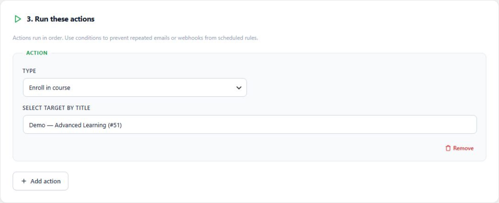 Course enrollment action with a named destination course in Rules for LearnDash