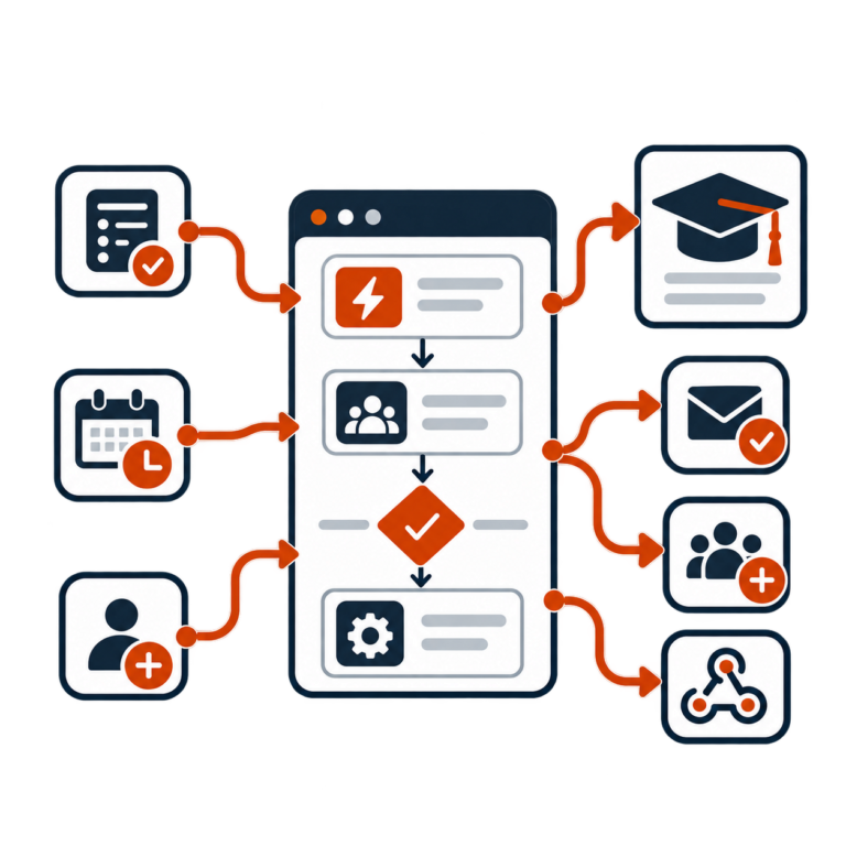 Course automation workflow connecting learner events, conditions, enrollment, email and group actions