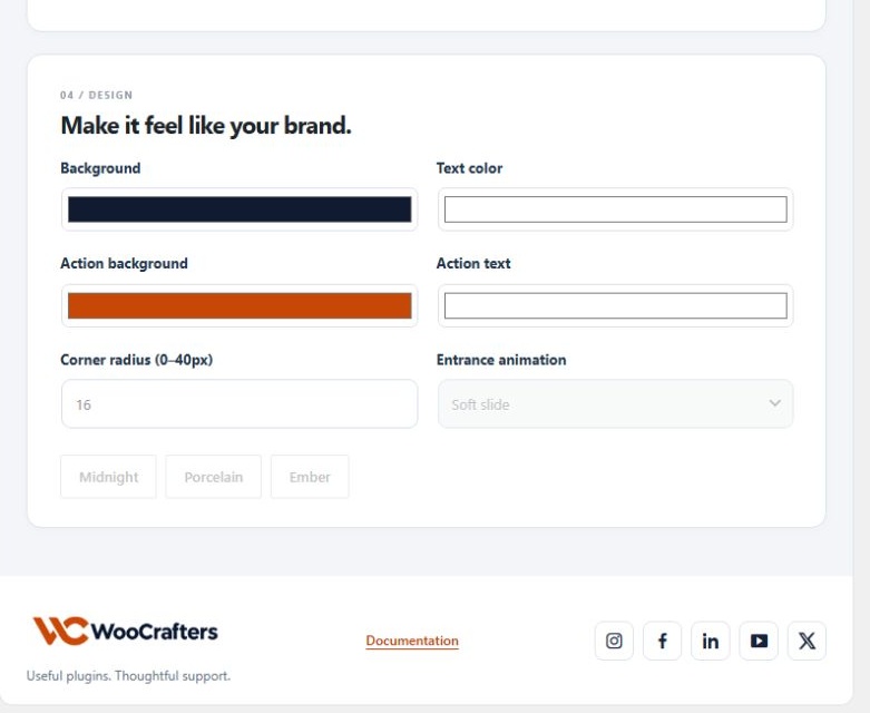 Promo Master brand colors, corner radius and entrance animation settings.