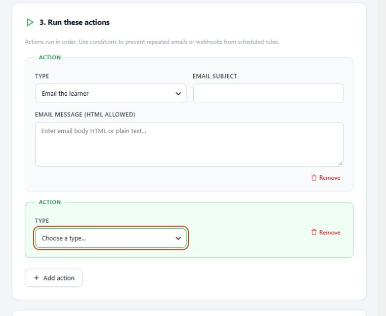 Smart Rules ordered actions editor with learner email action.