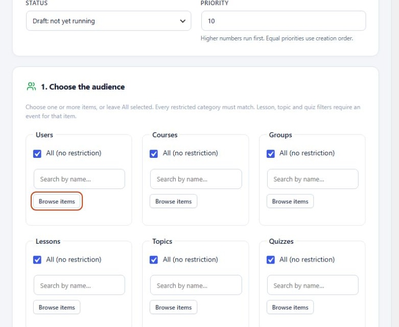 Smart Rules for LearnDash audience selectors for users and learning content.