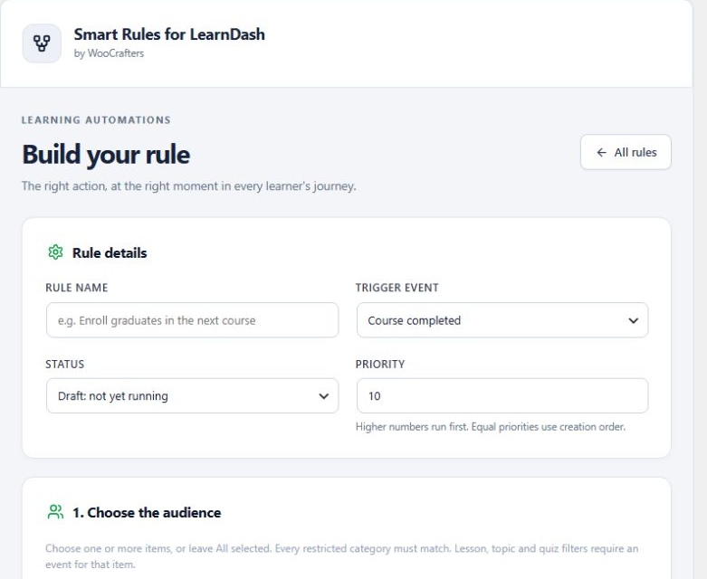 Smart Rules for LearnDash rule editor with event, audience and condition controls.