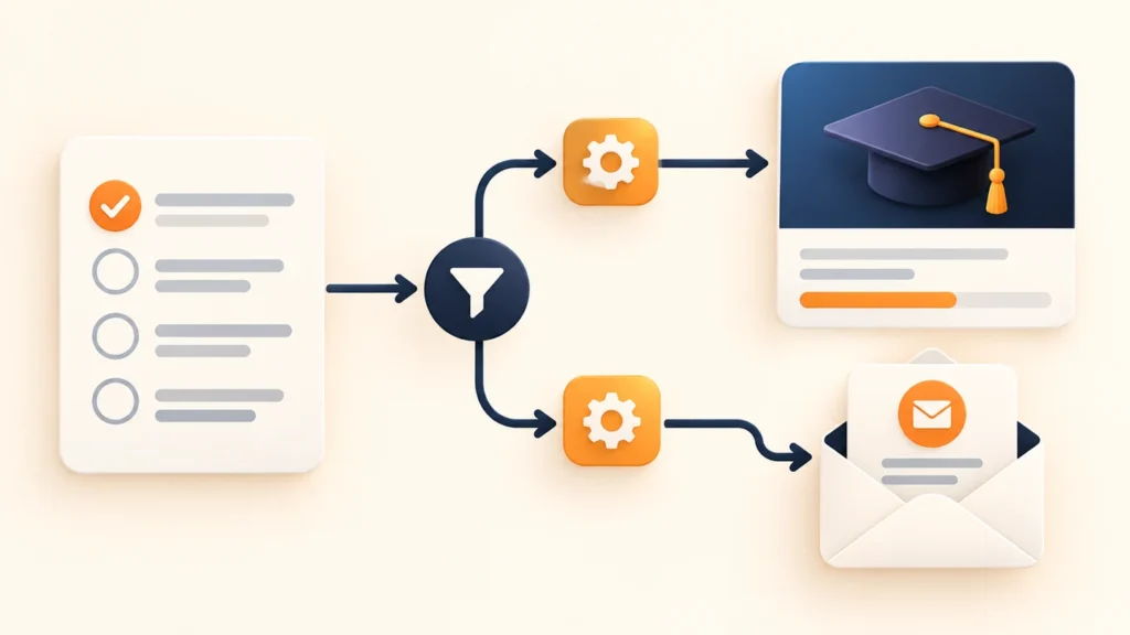 Illustration of a quiz result passing through conditions to course enrollment and a learner email