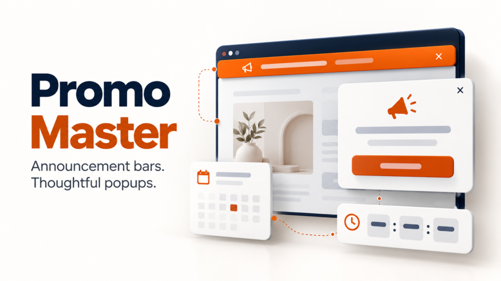 Promo Master illustration showing a WordPress announcement bar, dismissible popup, calendar and countdown.