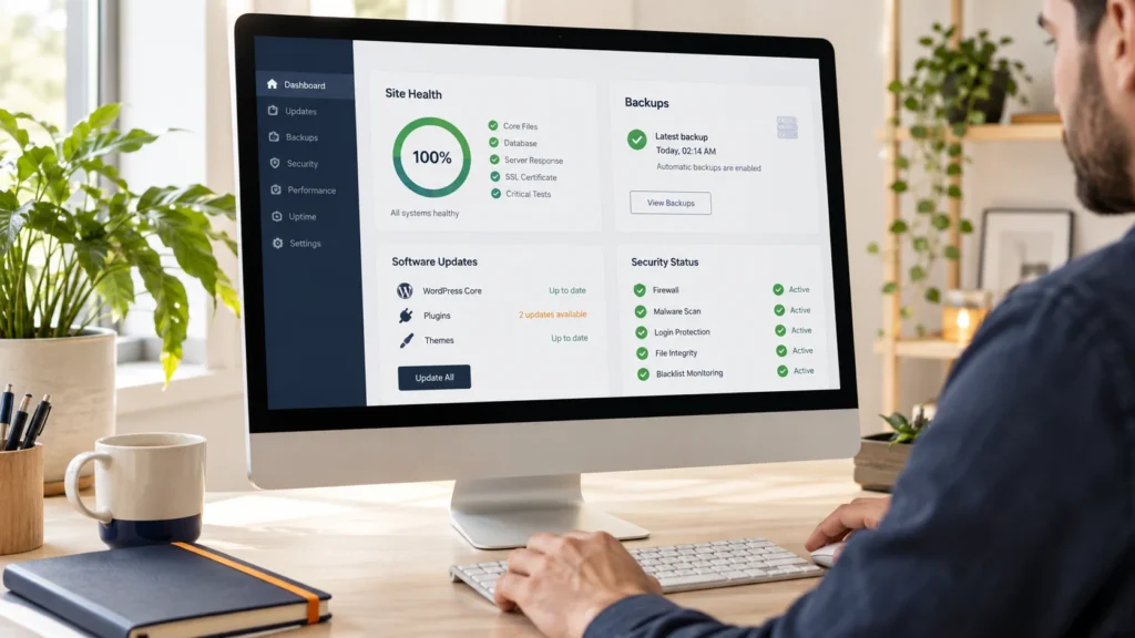 Website maintenance dashboard in a professional workspace