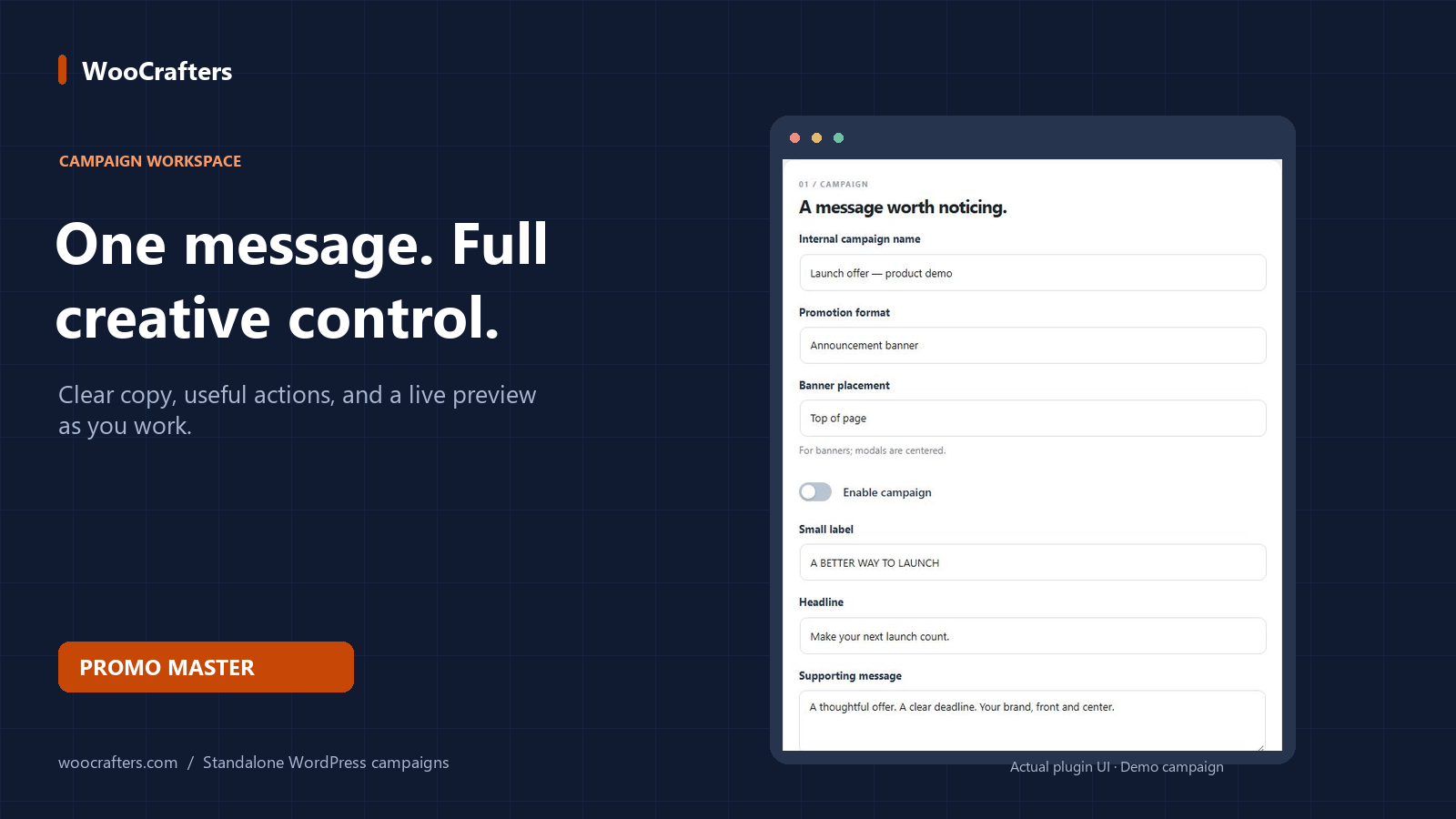 Promo Master campaign editor for a WordPress announcement bar