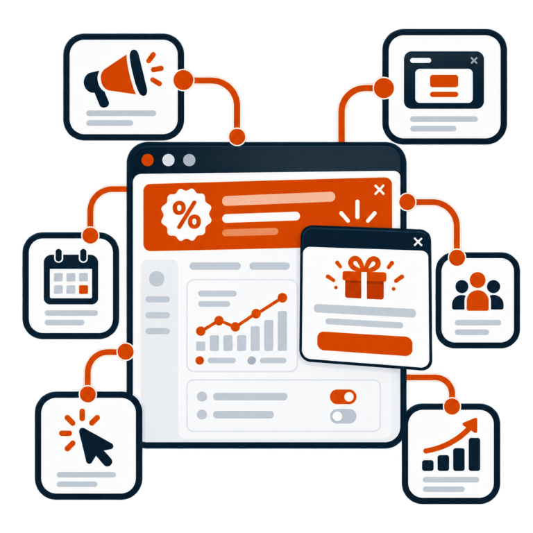 Promo Master illustration connecting announcement bars, modal offers, scheduling, audience targeting and campaign analytics.
